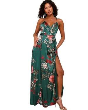 Lulus Still the One Emerald Green Floral Print Satin Maxi Dress